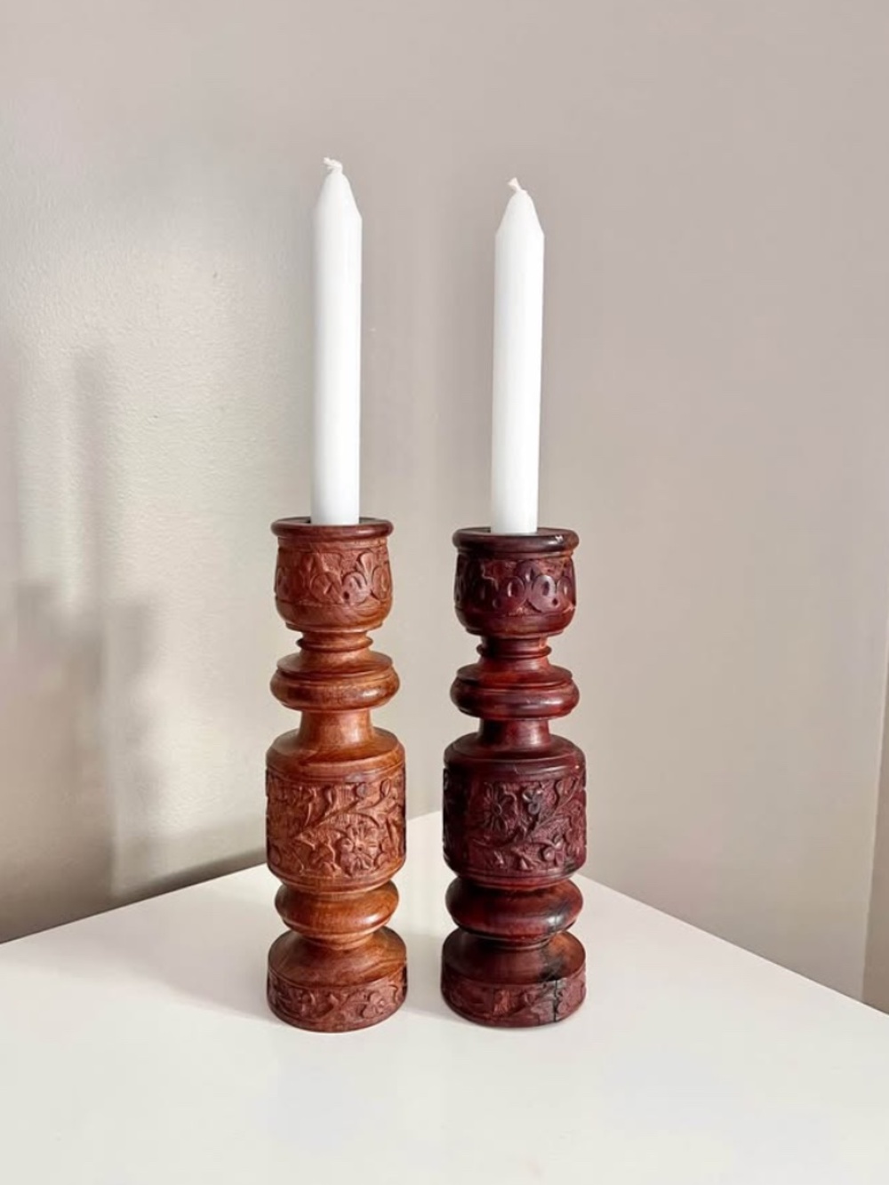 Vintage Carved Wood Candleholders Floral Pattern
